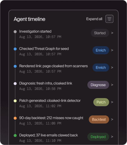 An agent timeline from investigation through diagnosis, patching, and deployment