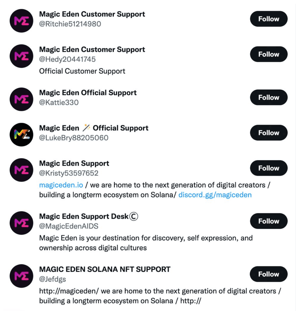 Fake Magic Eden support accounts