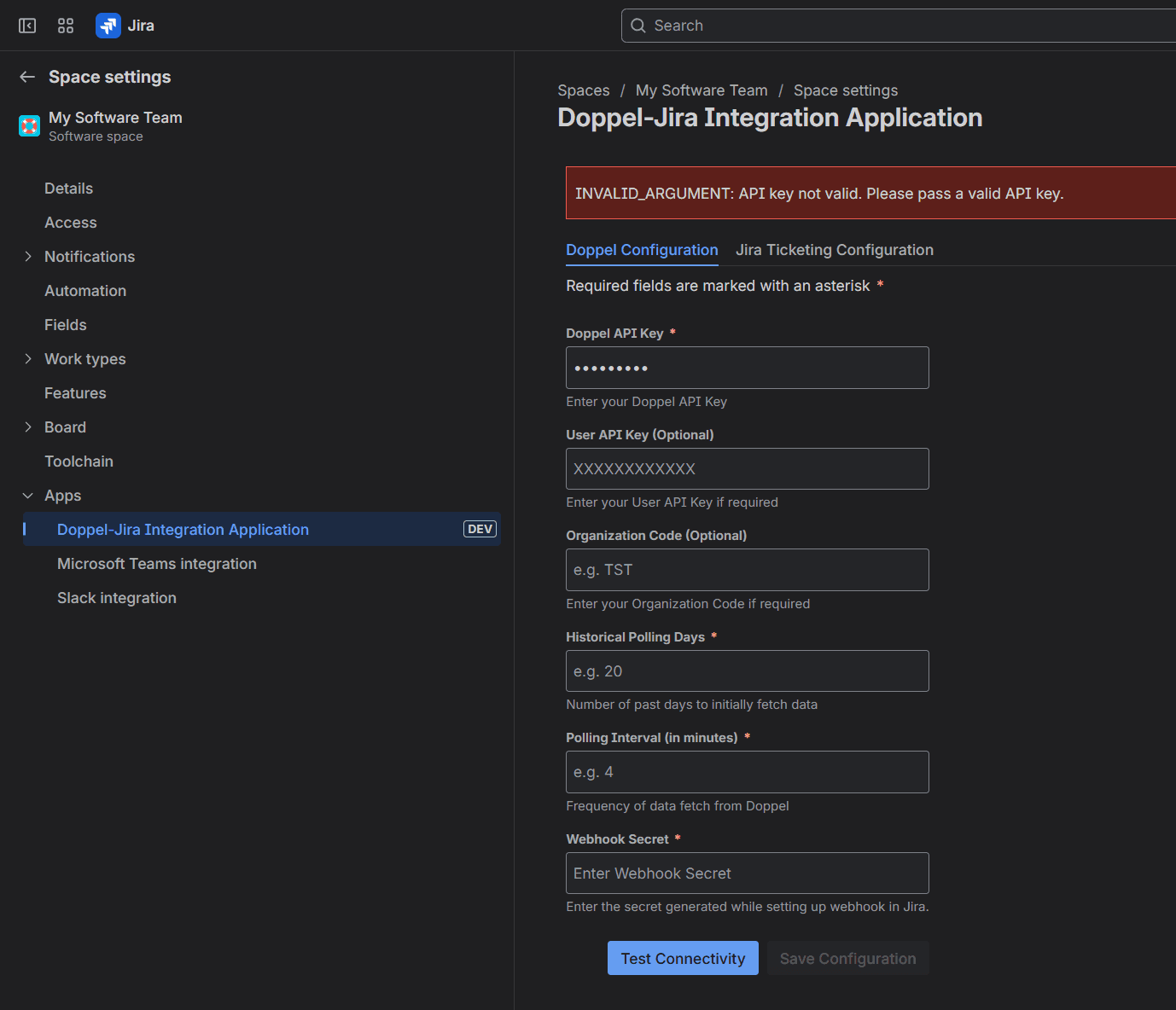 Configuration failure - verify API Key