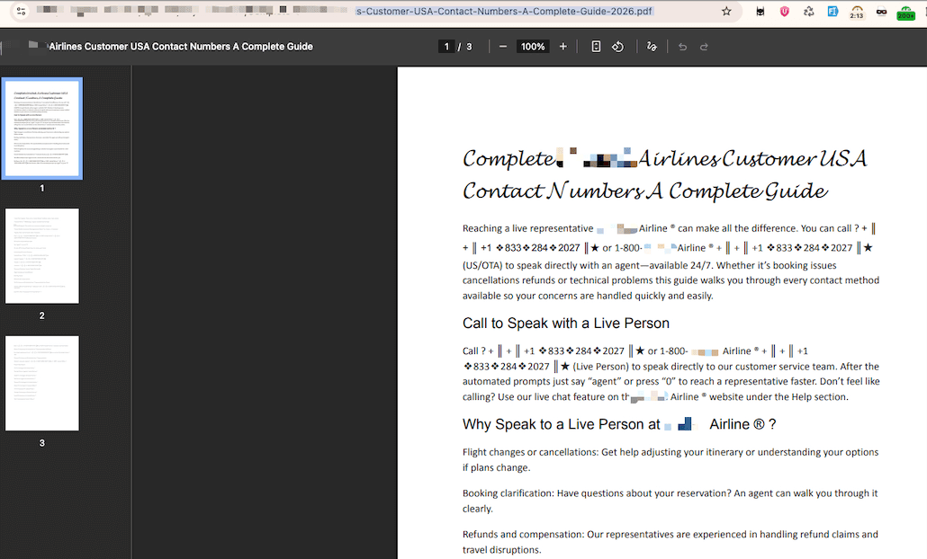 Scam PDFs impersonating airlines with fake “customer service” numbers.