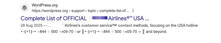 Forum posts on public support boards (including WordPress.org threads and community forums) seeded with “official contact number” topics that list scam phone numbers and URLs.