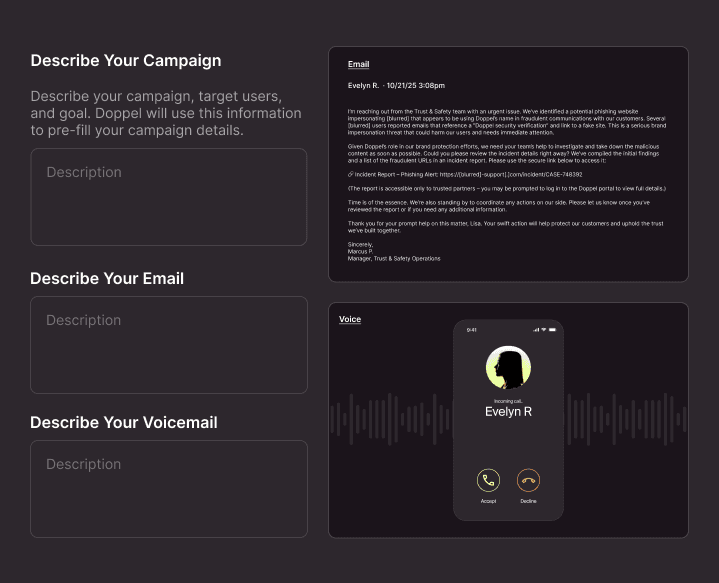 Doppel simulation builder generating a chained email and voice phishing campaign