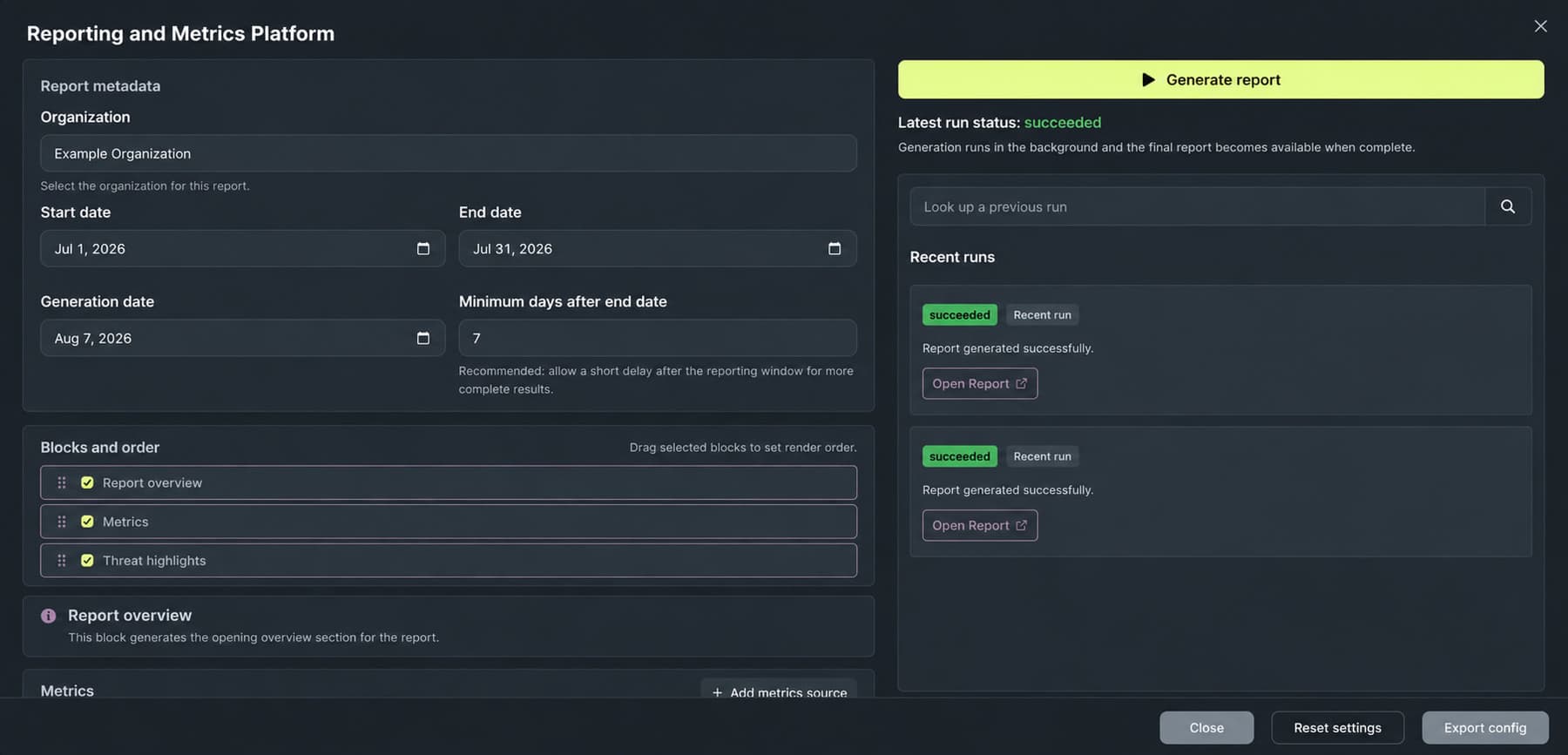 RAMP turns report configuration and generation into a repeatable workflow, including configurable blocks and render order.